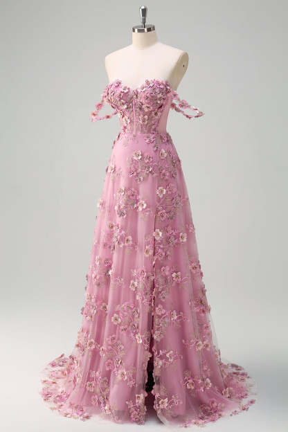 Taro Purple Off the Shoulder Plus Size Corset Applique Prom Dress with Slit