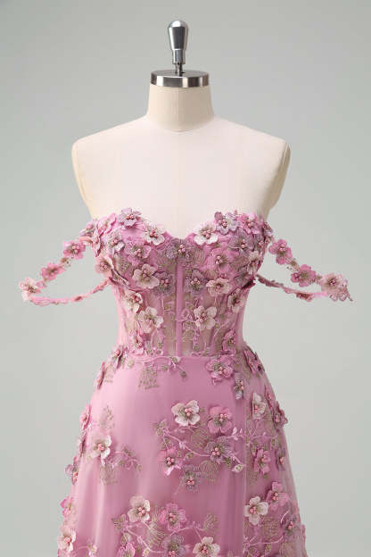 Taro Purple Off the Shoulder Plus Size Corset Applique Prom Dress with Slit