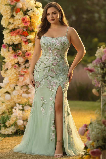 Leely Women Green Mermaid Sequined Floral Plus Size Tulle Prom Dress with Slit Spaghetti Straps Formal Dress with Lace Up Back