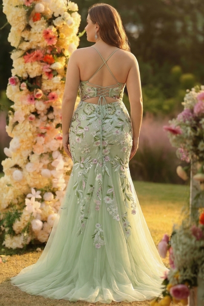 Green Mermaid Sequined Floral Tulle Prom Dress with Slit