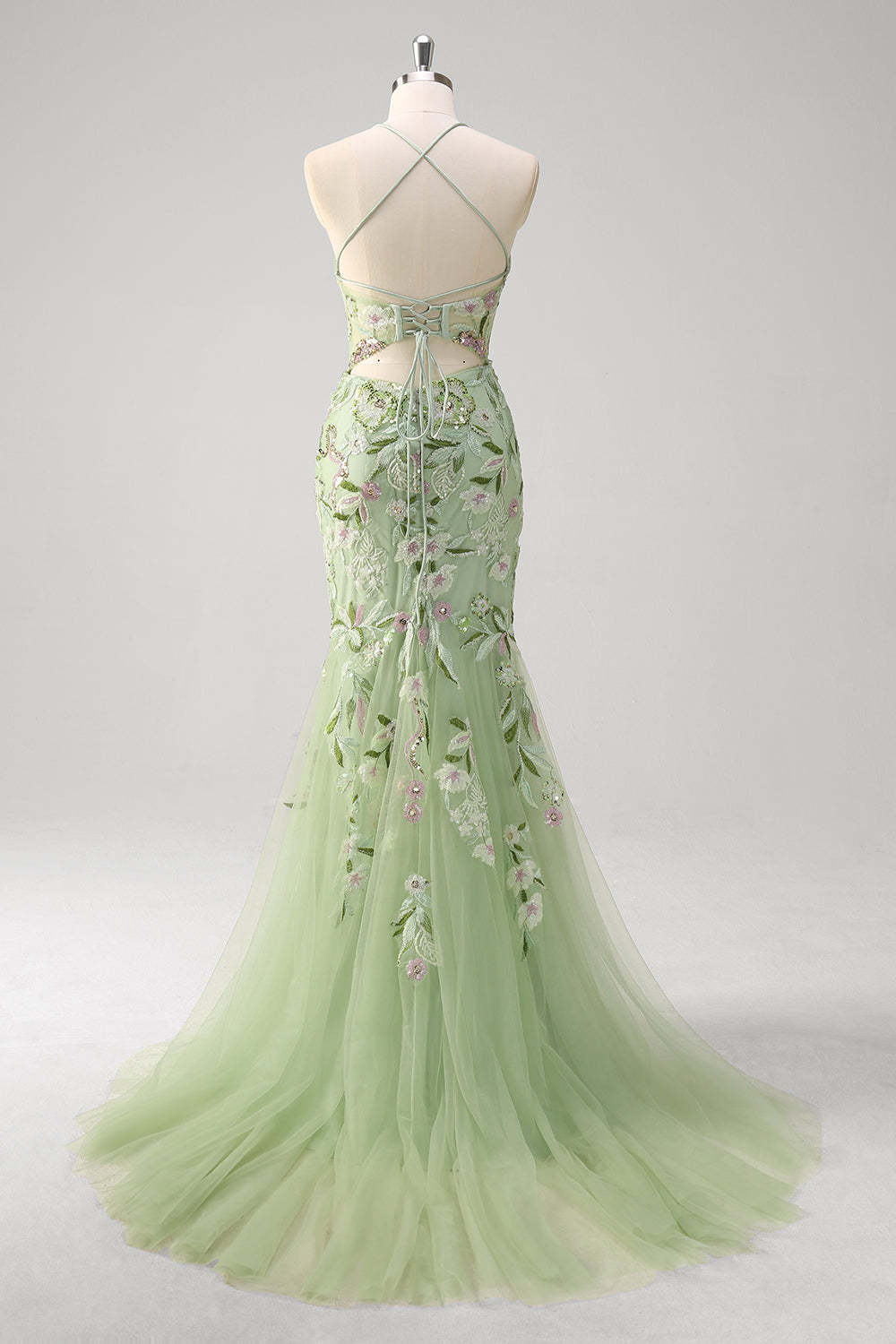 Green Mermaid Plus Size Sequined Floral Tulle Prom Dress with Slit