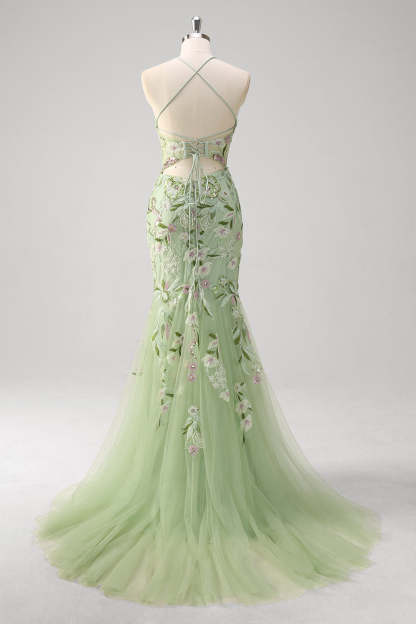 Green Mermaid Plus Size Sequined Floral Tulle Prom Dress with Slit