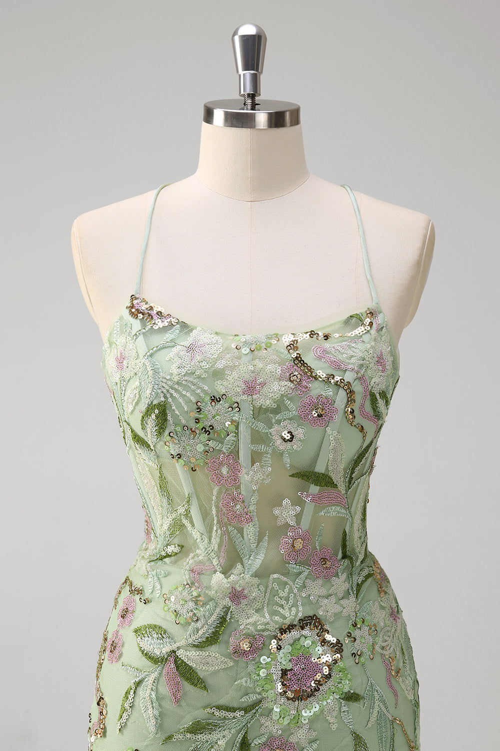 Green Mermaid Plus Size Sequined Floral Tulle Prom Dress with Slit