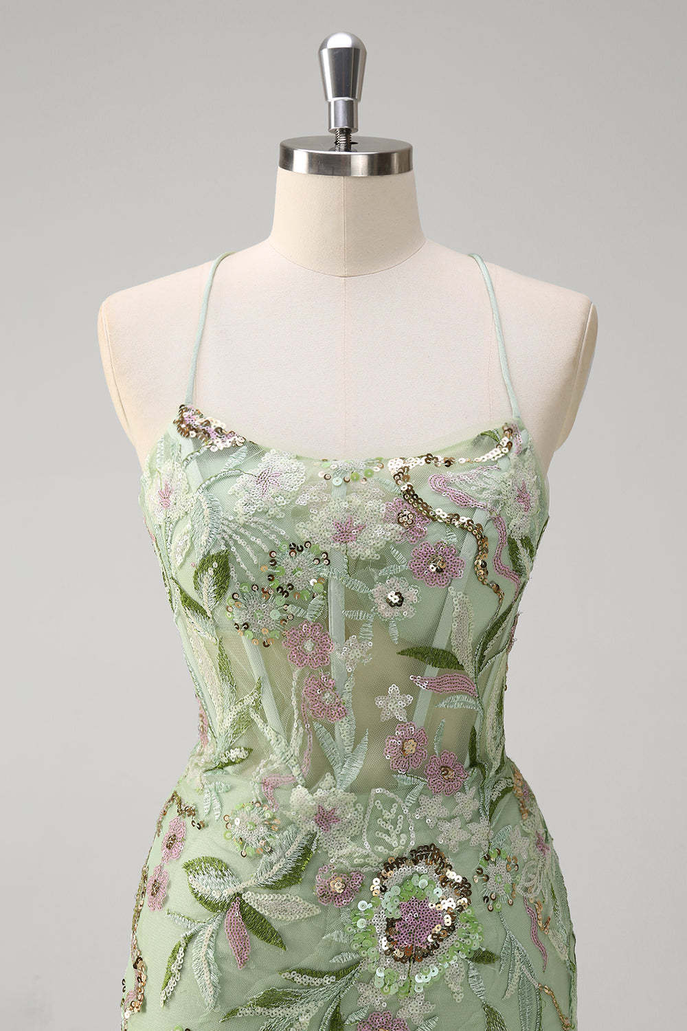 Green Mermaid Plus Size Sequined Floral Tulle Prom Dress with Slit