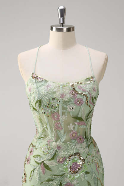 Green Mermaid Plus Size Sequined Floral Tulle Prom Dress with Slit