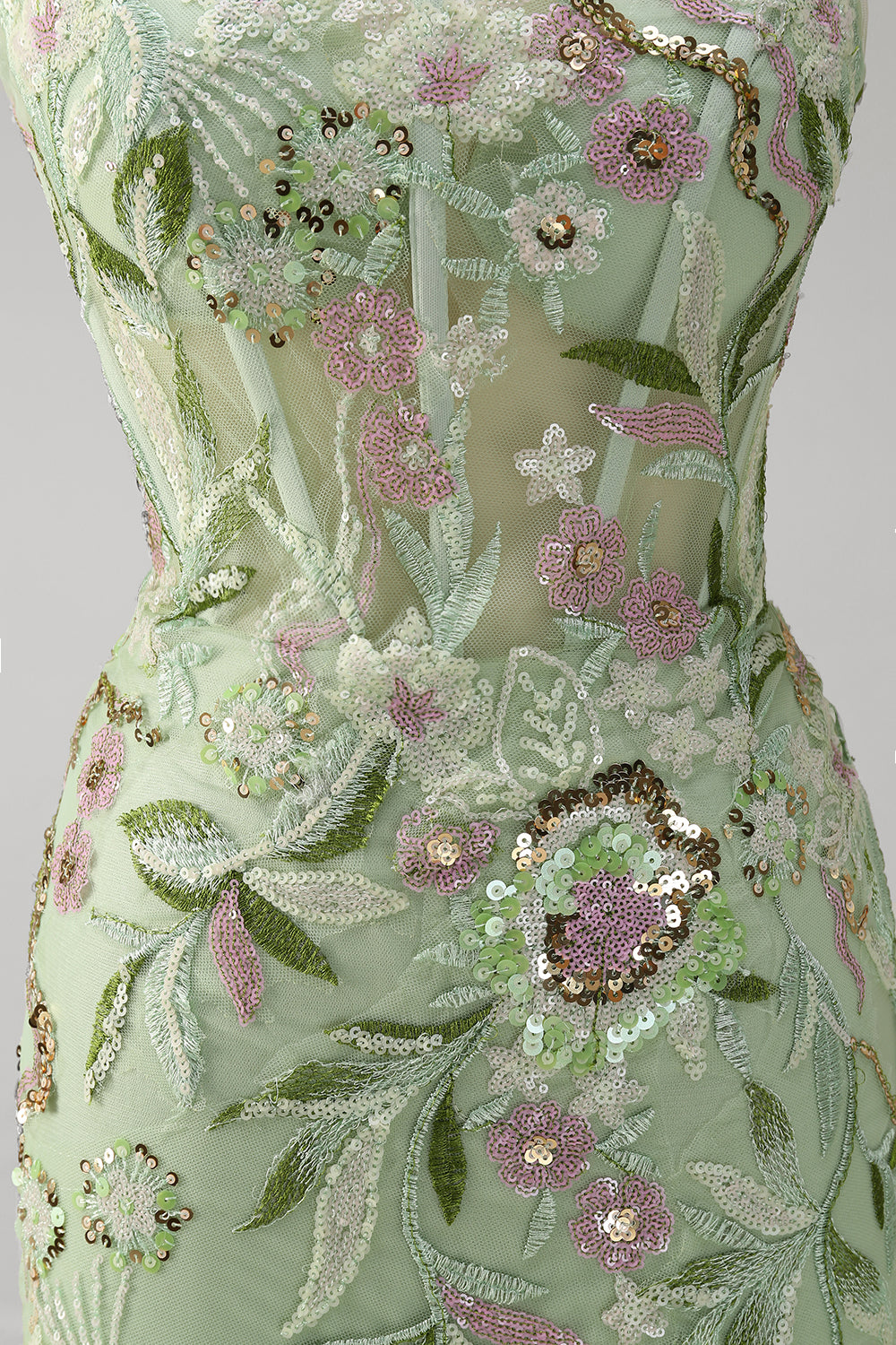 Green Mermaid Plus Size Sequined Floral Tulle Prom Dress with Slit