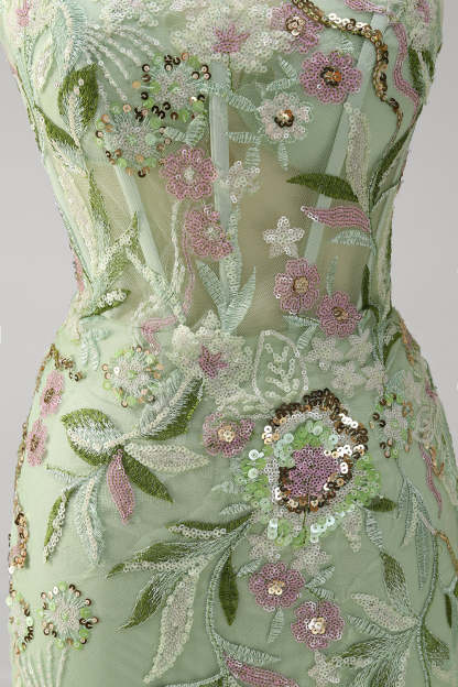 Green Mermaid Plus Size Sequined Floral Tulle Prom Dress with Slit