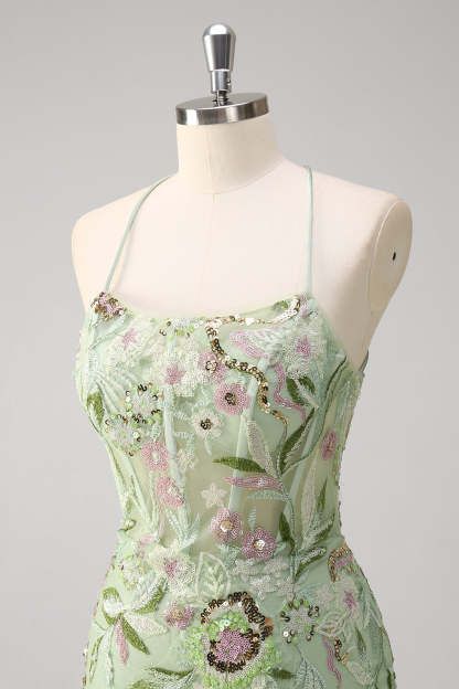 Green Mermaid Plus Size Sequined Floral Tulle Prom Dress with Slit