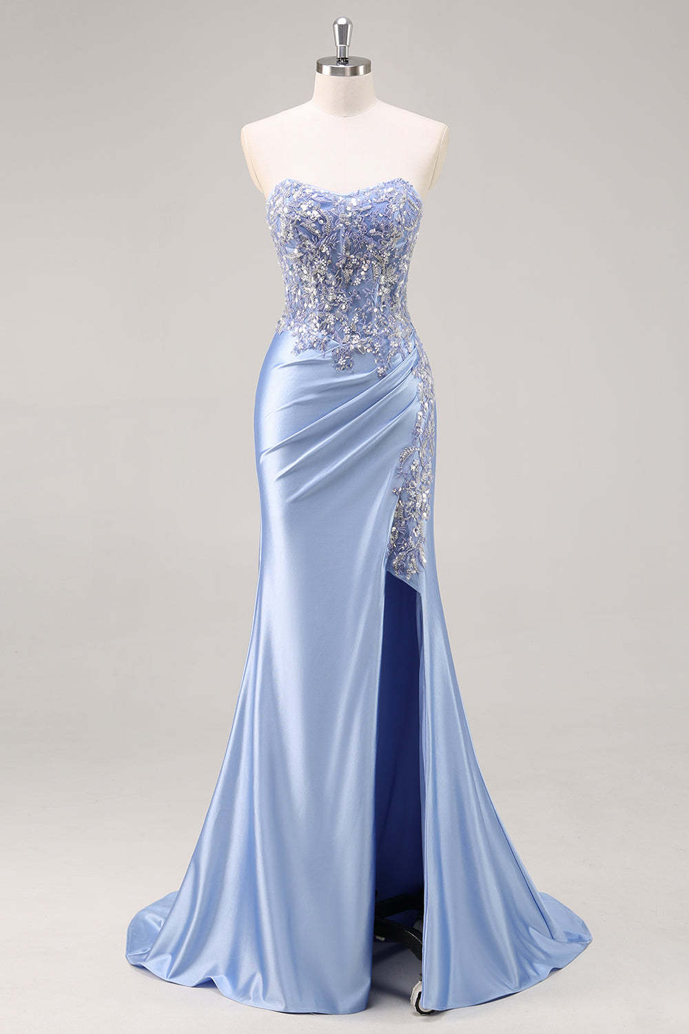 Burgundy Strapless Beaded Satin Mermaid Prom Dress with Slit