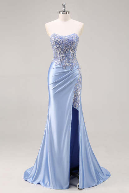 Burgundy Strapless Beaded Satin Mermaid Prom Dress with Slit