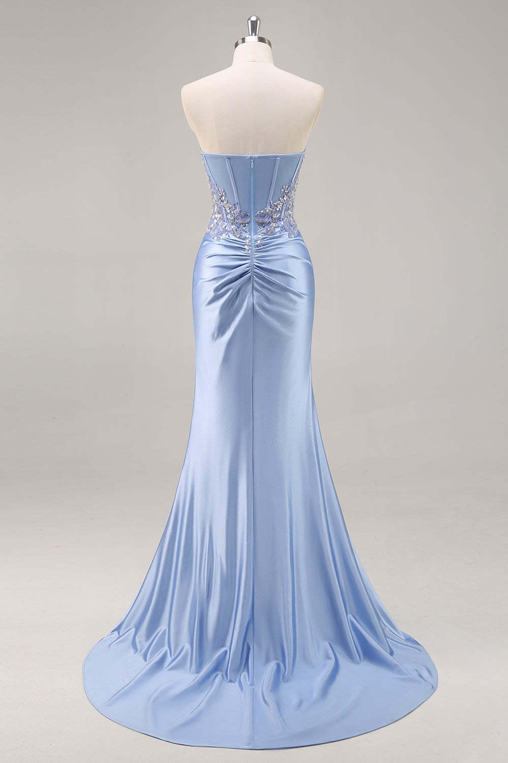 Burgundy Strapless Beaded Satin Mermaid Prom Dress with Slit
