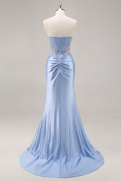 Burgundy Strapless Beaded Satin Mermaid Prom Dress with Slit