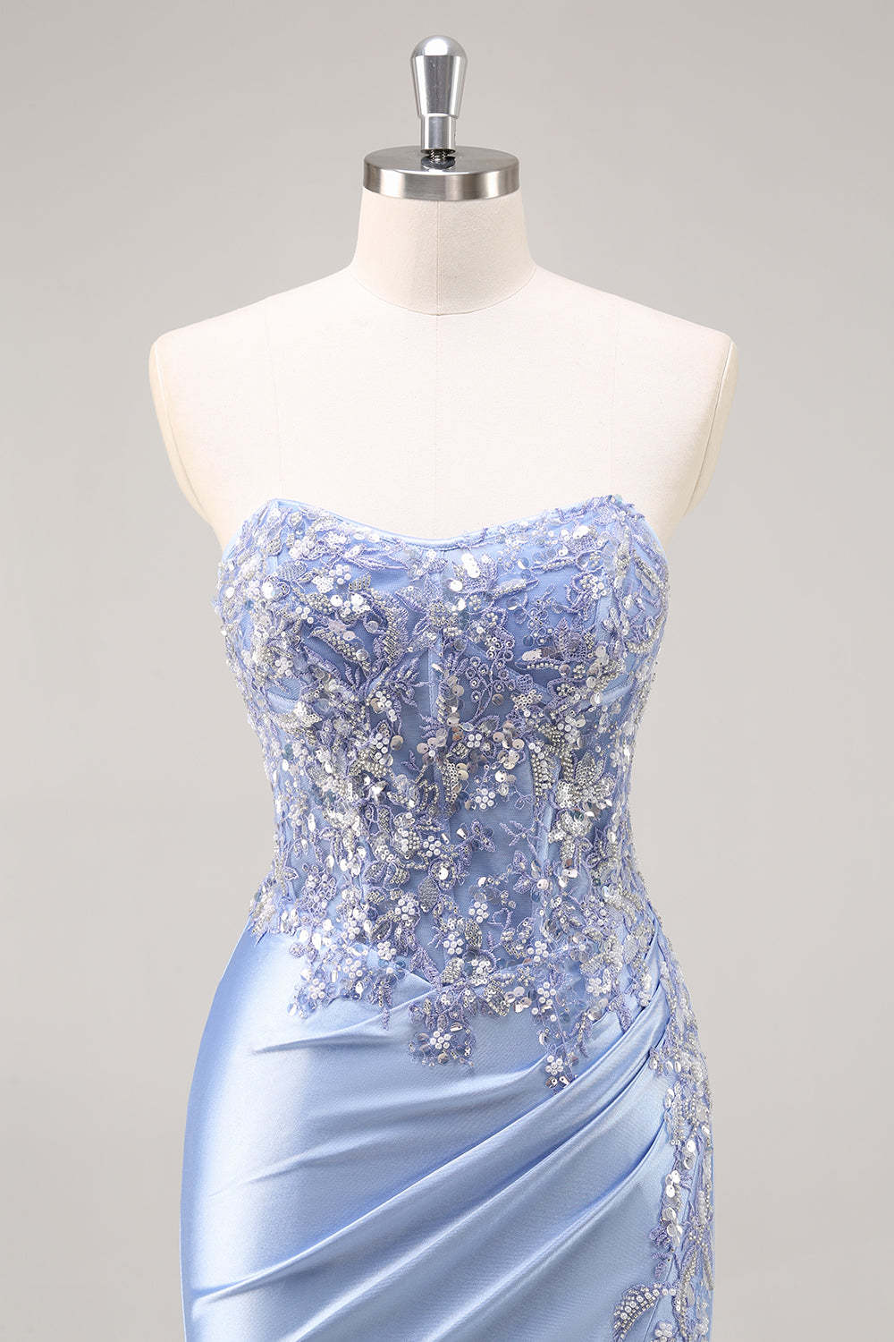 Burgundy Strapless Beaded Satin Mermaid Prom Dress with Slit