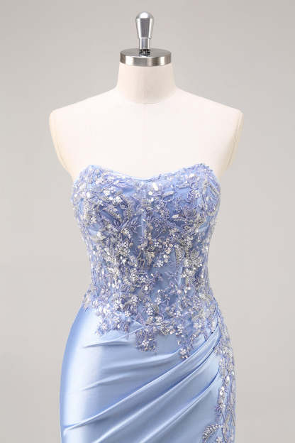 Burgundy Strapless Beaded Satin Mermaid Prom Dress with Slit