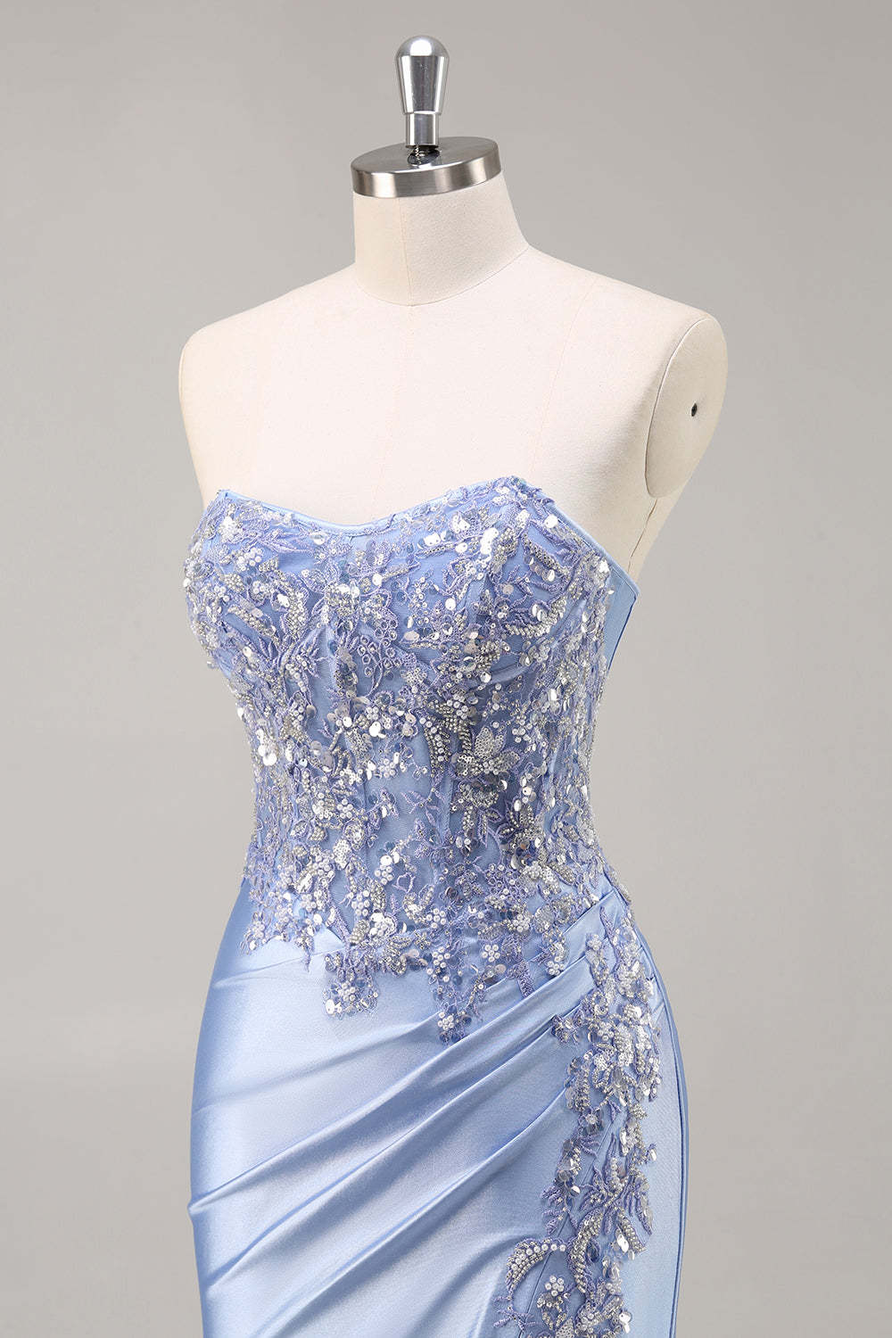 Burgundy Strapless Beaded Satin Mermaid Prom Dress with Slit