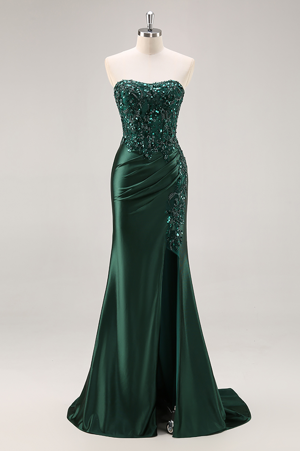 Burgundy Strapless Beaded Satin Mermaid Prom Dress with Slit