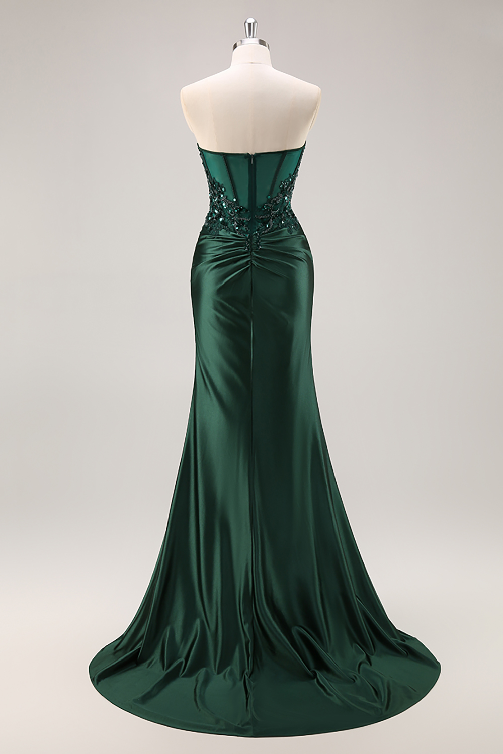 Burgundy Strapless Beaded Satin Mermaid Prom Dress with Slit