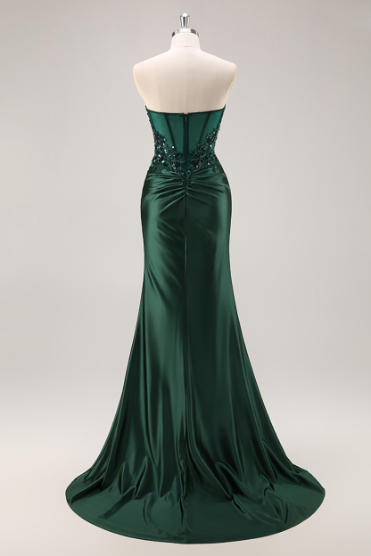 Burgundy Strapless Beaded Satin Mermaid Prom Dress with Slit