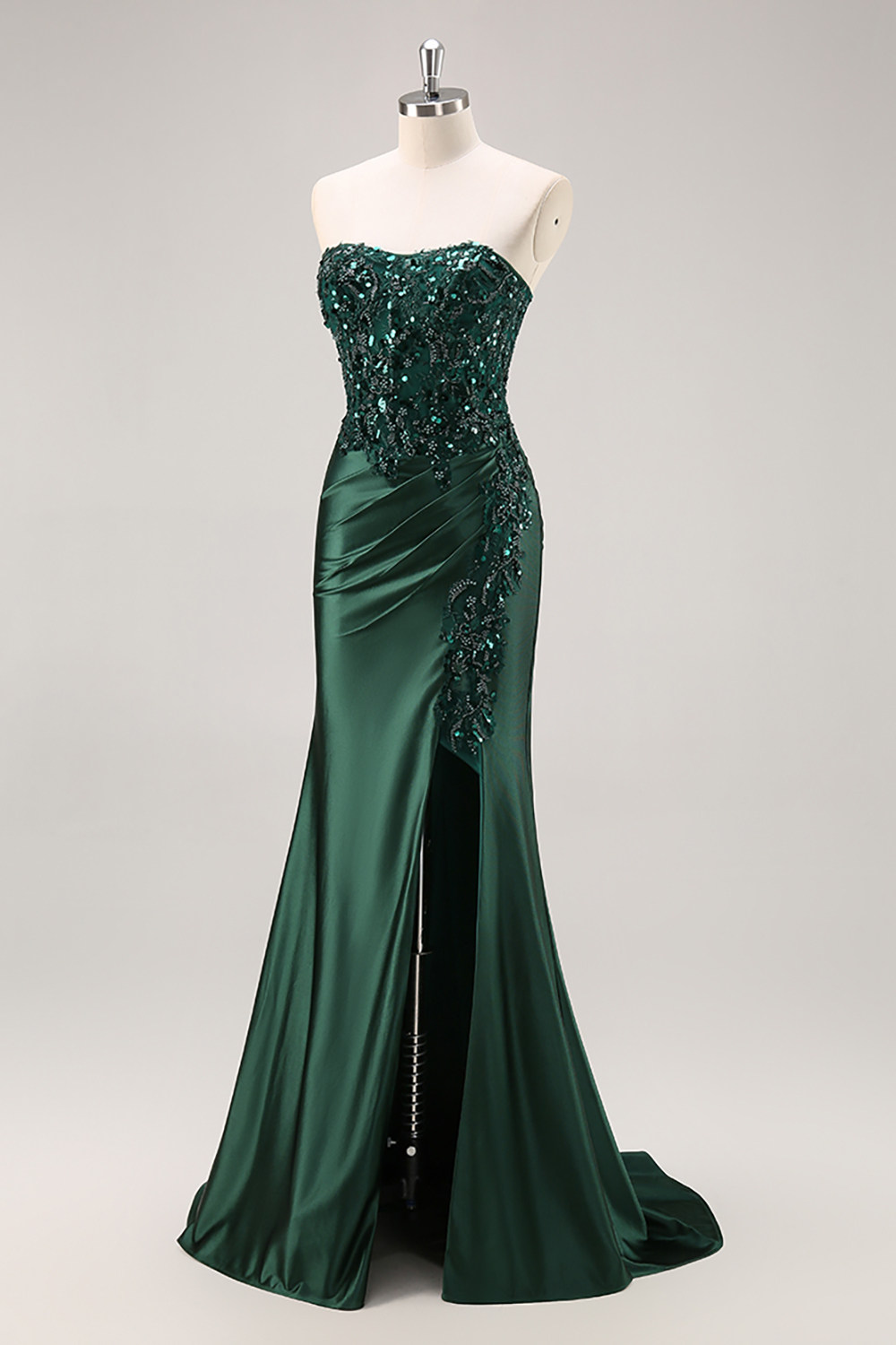 Burgundy Strapless Beaded Satin Mermaid Prom Dress with Slit