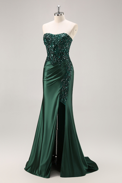 Burgundy Strapless Beaded Satin Mermaid Prom Dress with Slit
