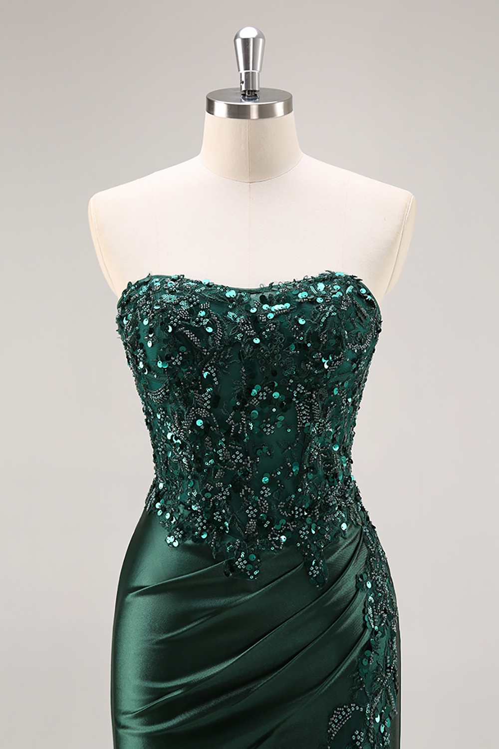 Burgundy Strapless Beaded Satin Mermaid Prom Dress with Slit