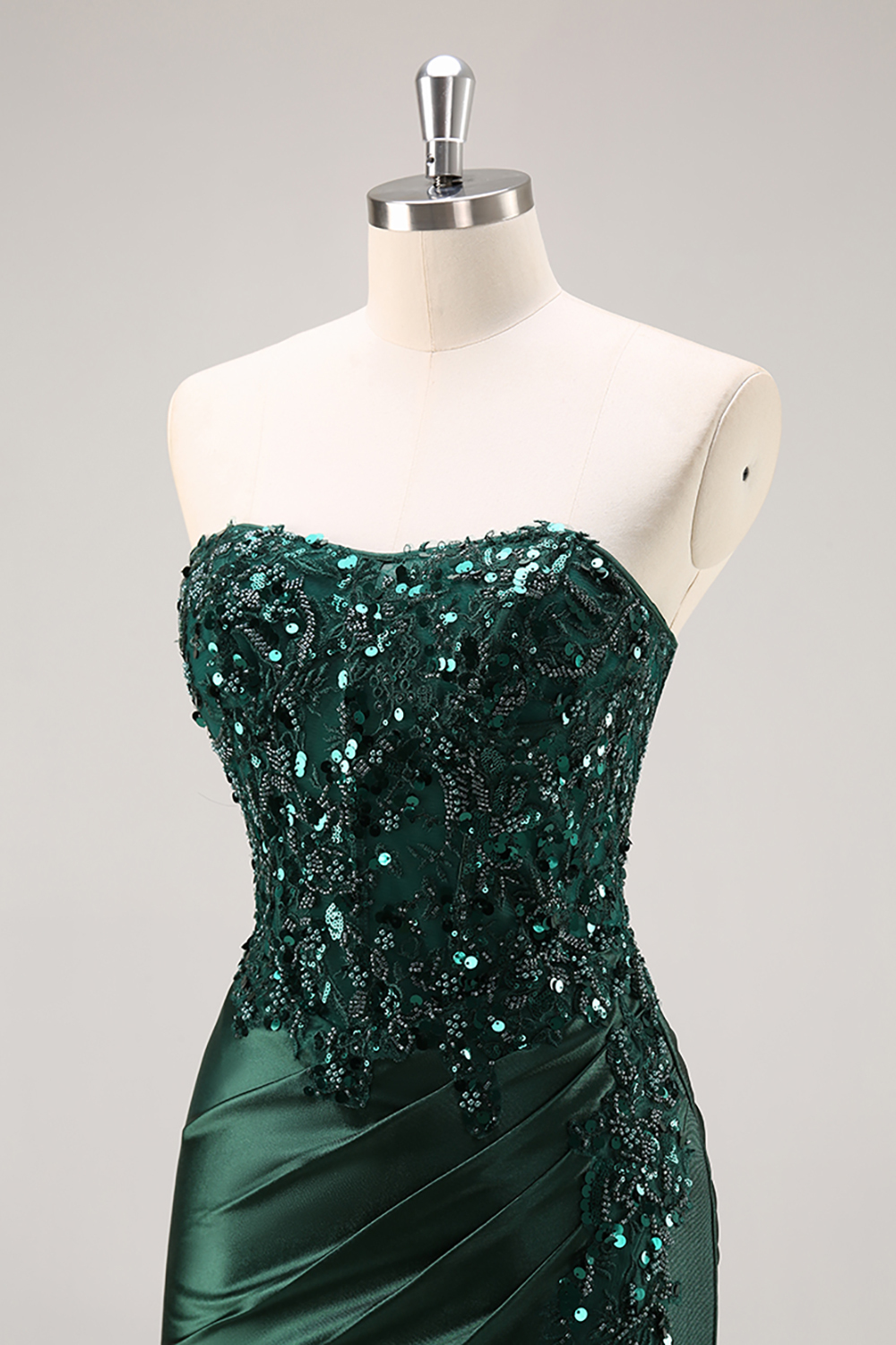 Burgundy Strapless Beaded Satin Mermaid Prom Dress with Slit
