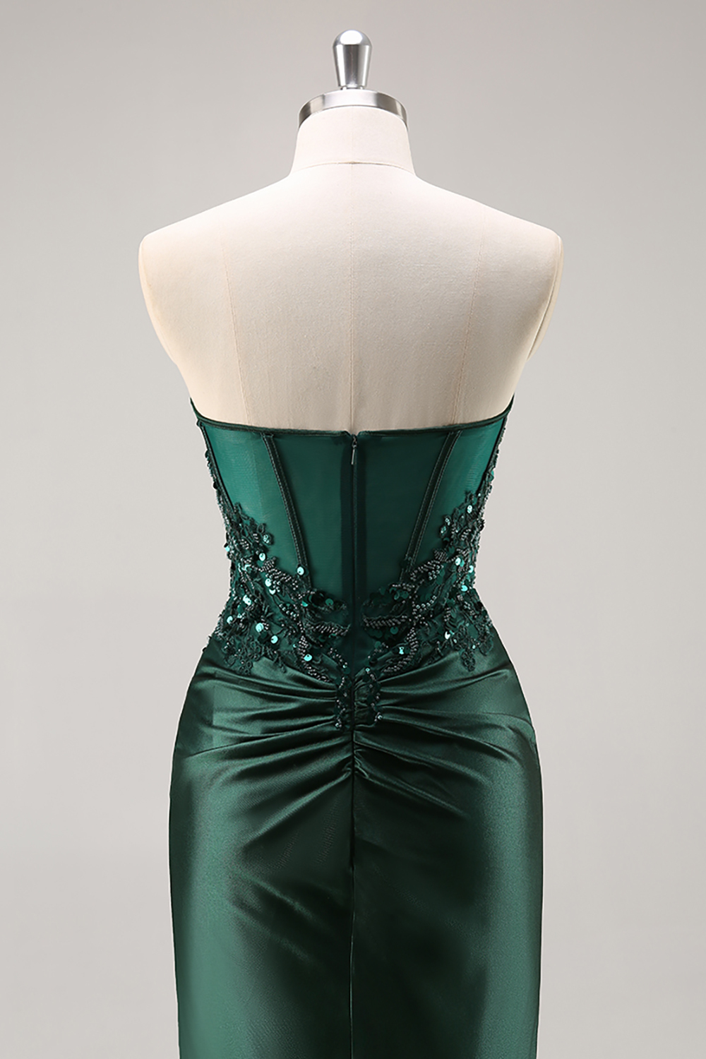 Burgundy Strapless Beaded Satin Mermaid Prom Dress with Slit