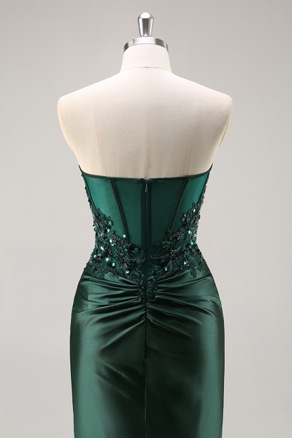 Burgundy Strapless Beaded Satin Mermaid Prom Dress with Slit