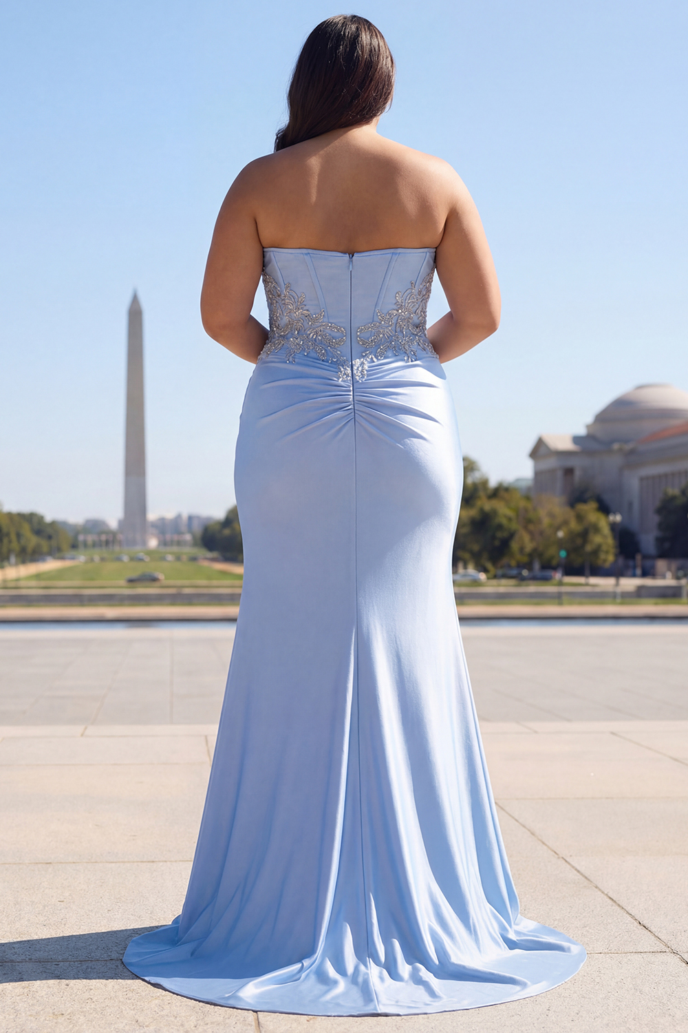 Mermaid Sparkly Blue Satin Corset Maxi Prom Dress with Slit