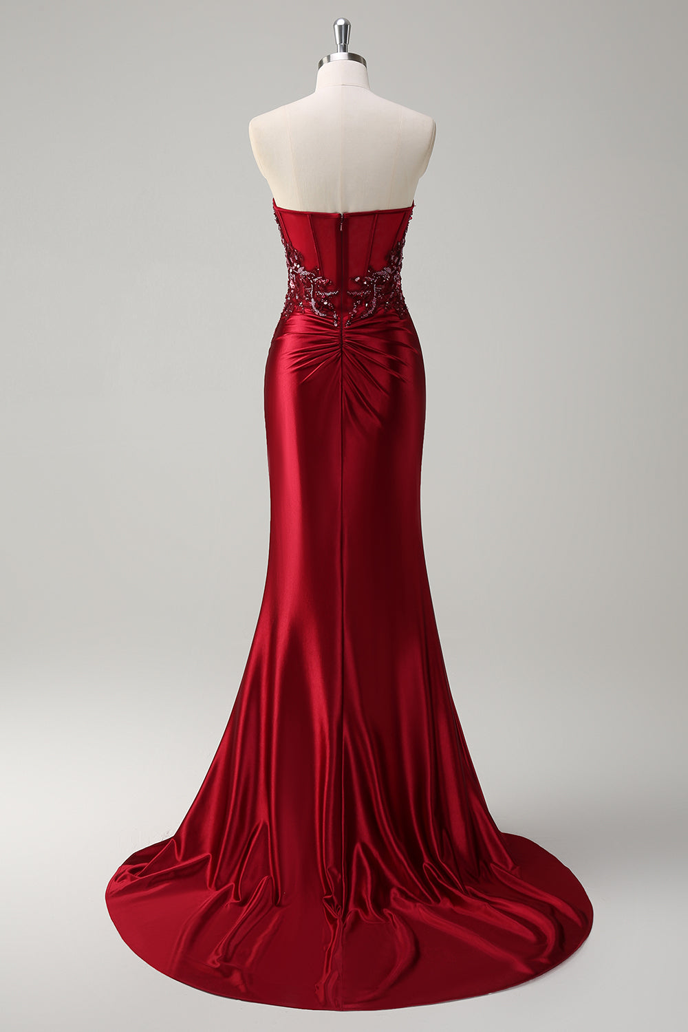 Burgundy Strapless Beaded Satin Mermaid Prom Dress with Slit
