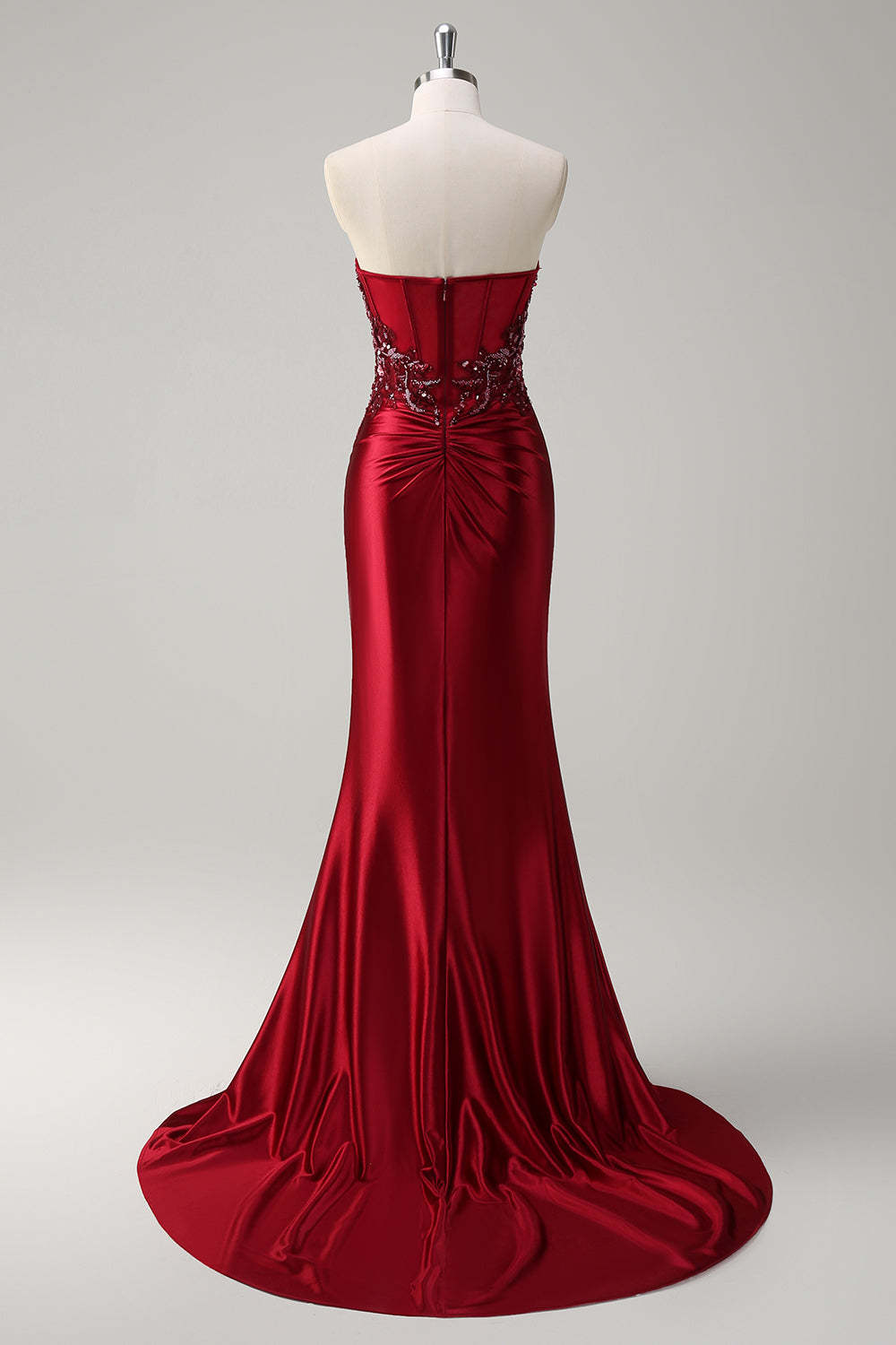 Burgundy Strapless Beaded Satin Mermaid Prom Dress with Slit