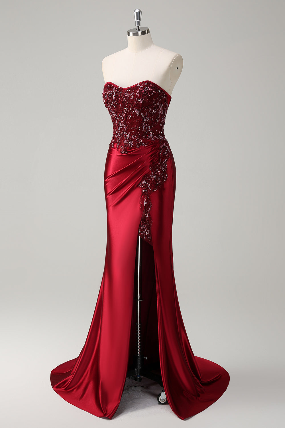 Burgundy Strapless Beaded Satin Mermaid Prom Dress with Slit