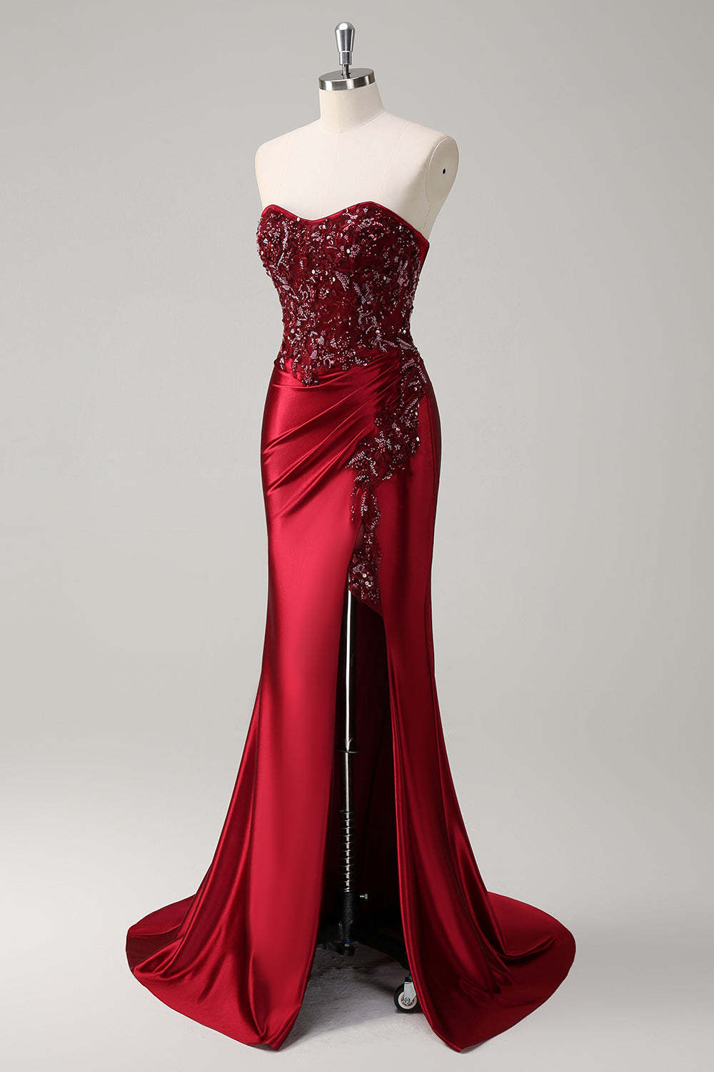 Burgundy Strapless Beaded Satin Mermaid Prom Dress with Slit