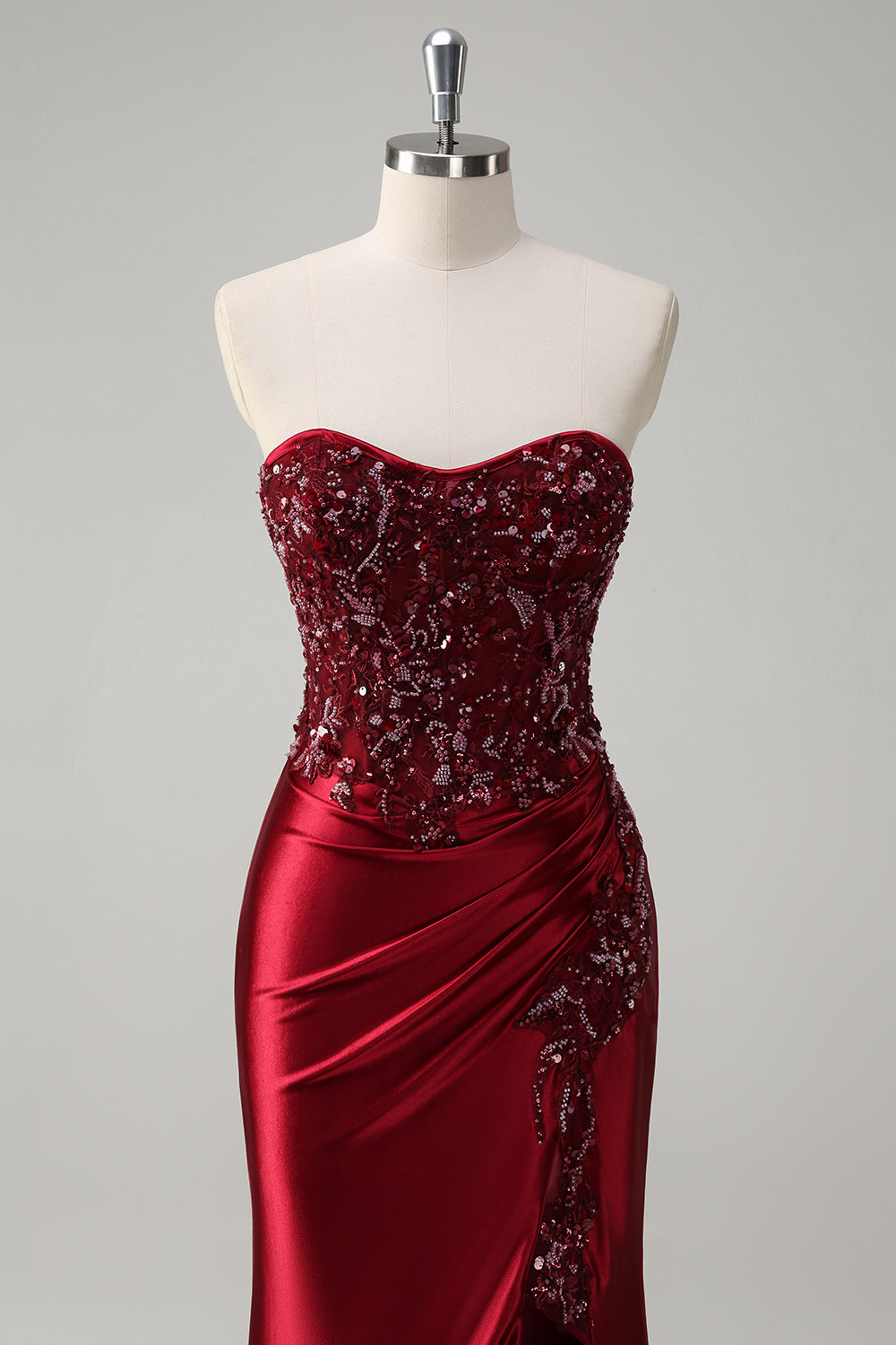 Burgundy Strapless Beaded Satin Mermaid Prom Dress with Slit