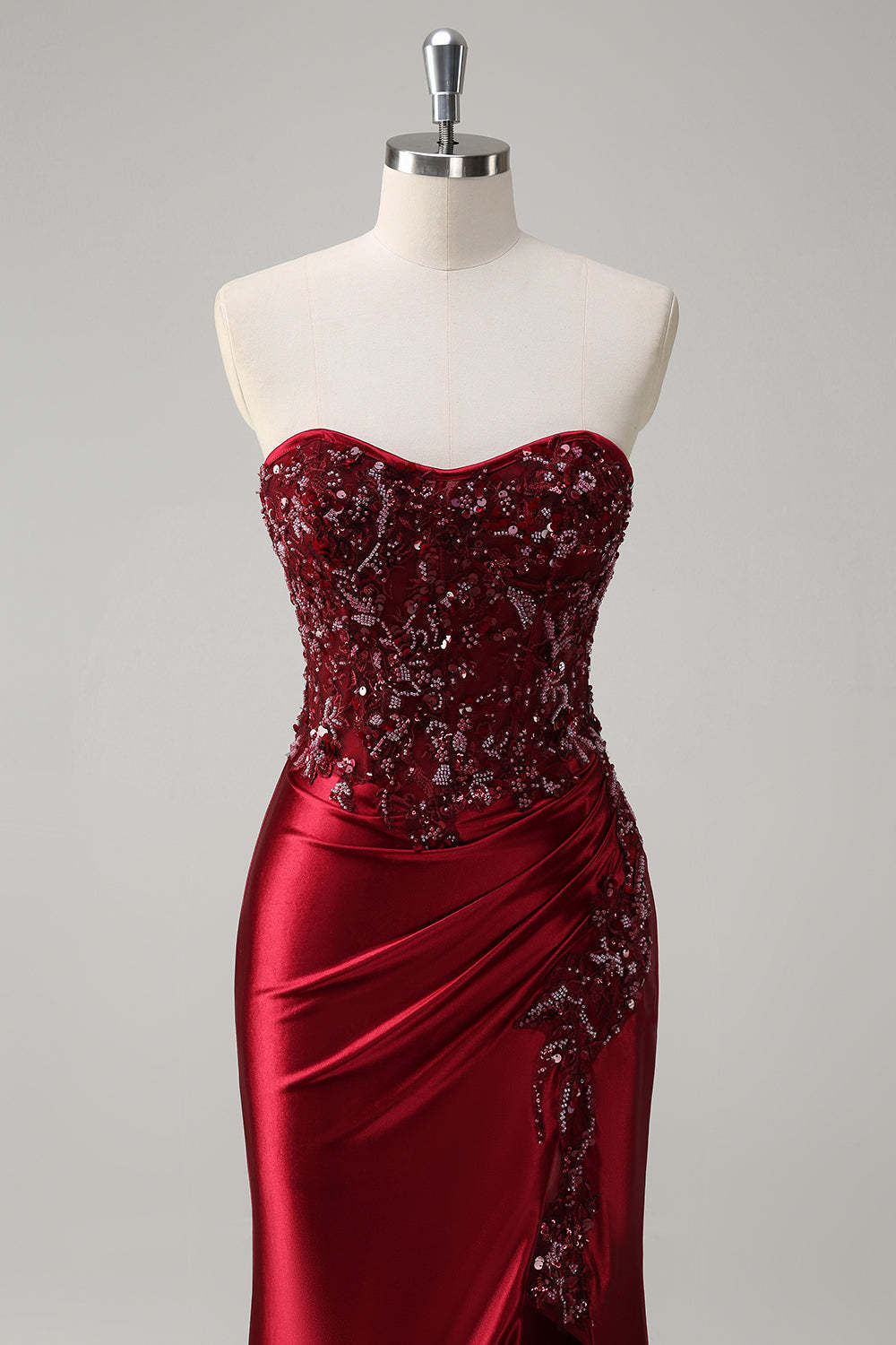 Burgundy Strapless Beaded Satin Mermaid Prom Dress with Slit