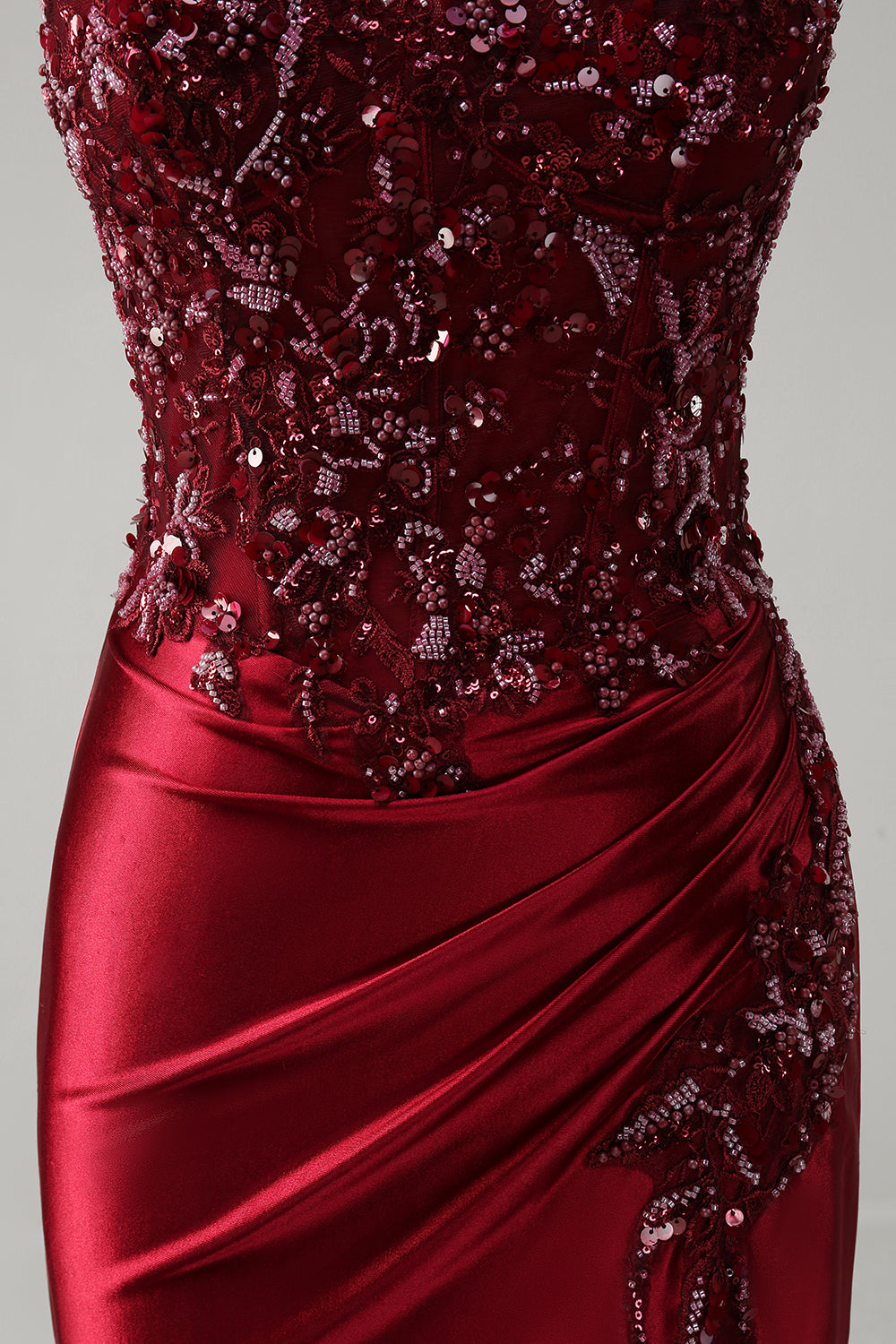 Burgundy Strapless Beaded Satin Mermaid Prom Dress with Slit