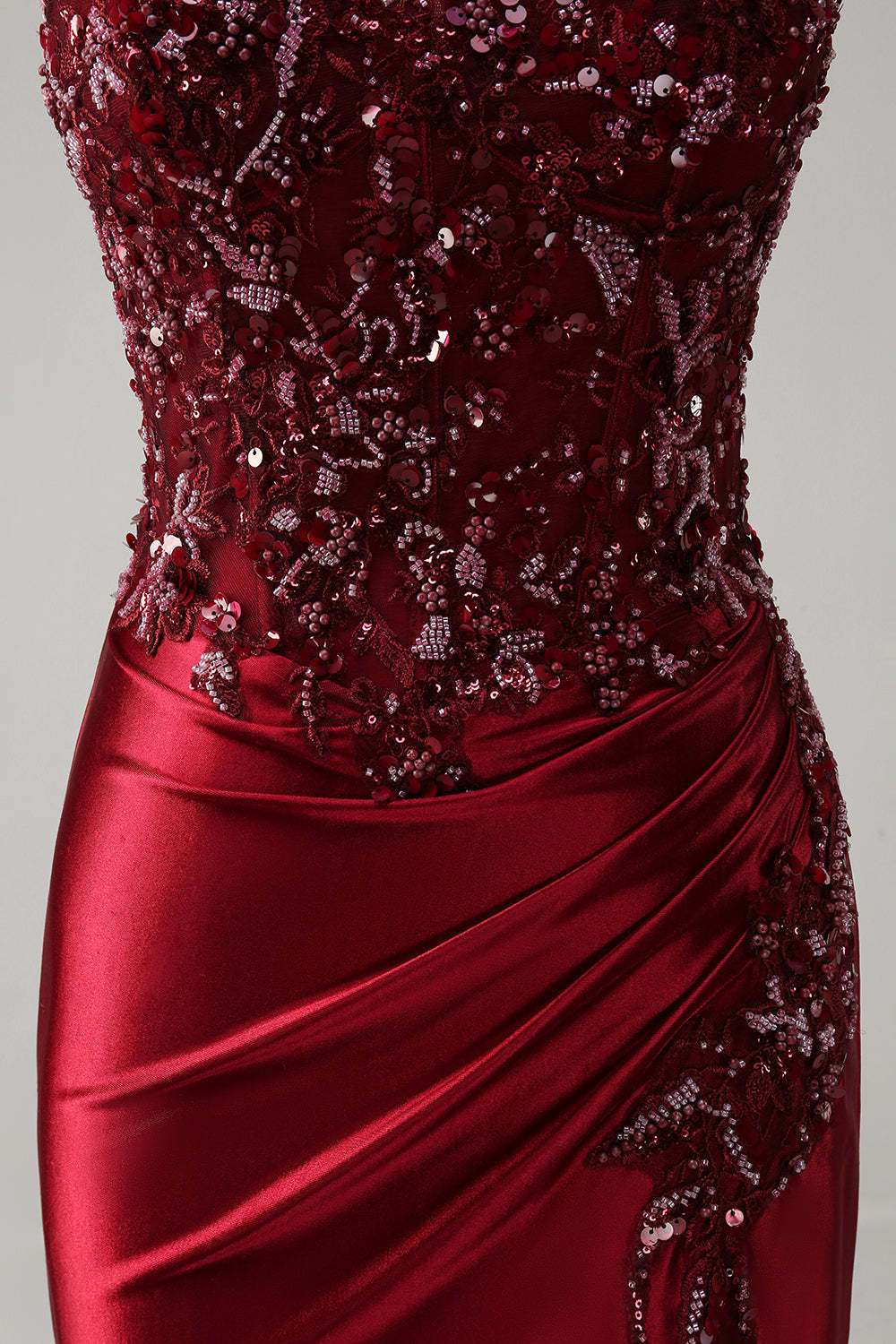 Burgundy Strapless Beaded Satin Mermaid Prom Dress with Slit