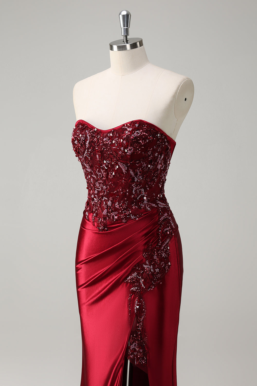 Burgundy Strapless Beaded Satin Mermaid Prom Dress with Slit