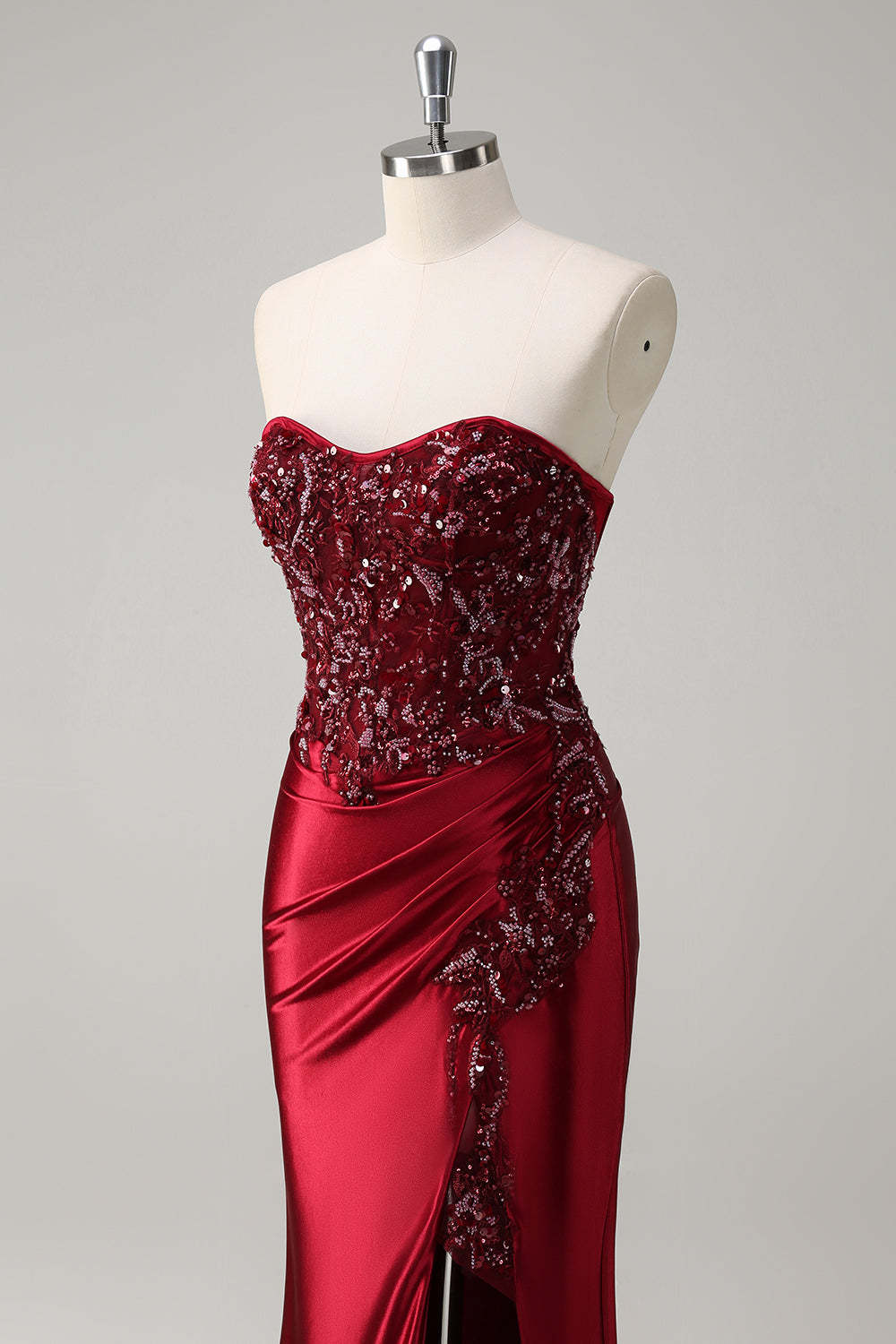 Burgundy Strapless Beaded Satin Mermaid Prom Dress with Slit