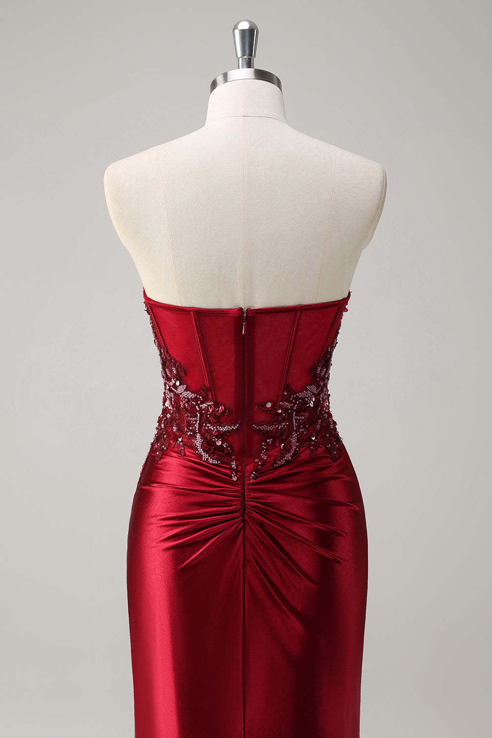 Burgundy Strapless Beaded Satin Mermaid Prom Dress with Slit