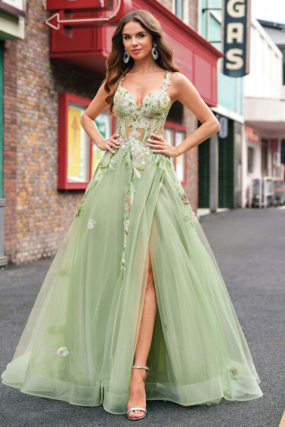Plus Size Green Sequined Applique Corset A-Line Prom Dress with Slit