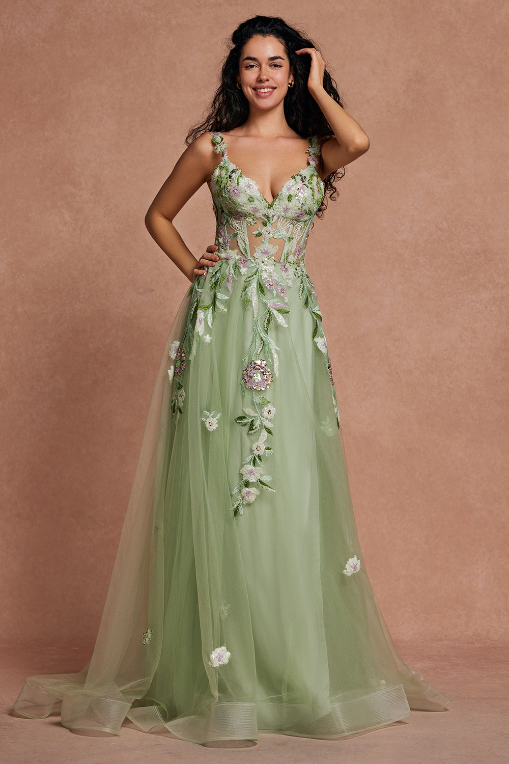 Green Corset Sequins Floral Tulle A-Line Prom Dress with Slit