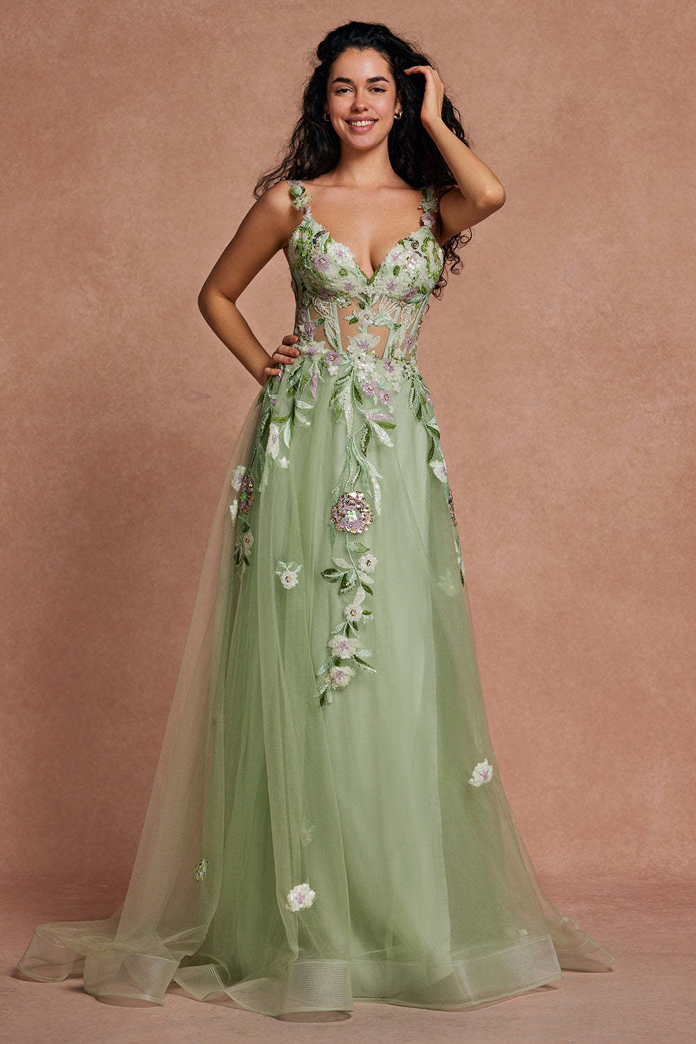 Green Corset Sequins Floral Tulle A-Line Prom Dress with Slit
