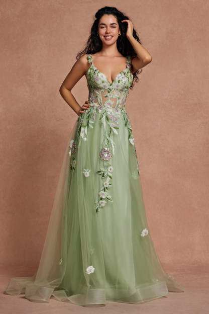 Green Corset Sequins Floral Tulle A-Line Prom Dress with Slit