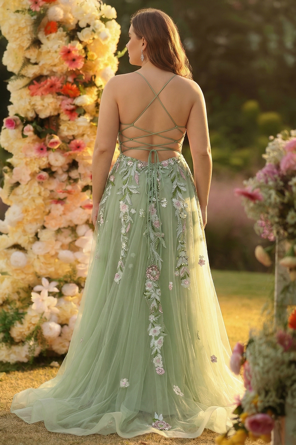 Green Sequined Floral Tulle A-Line Prom Dress with Slit