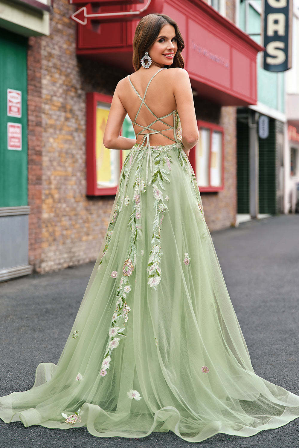 Plus Size Green Sequined Applique Corset A-Line Prom Dress with Slit
