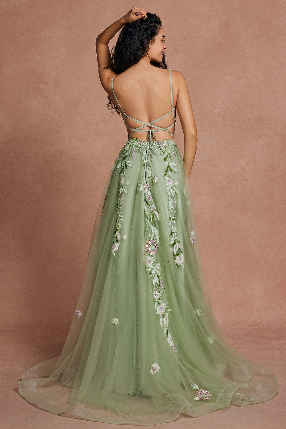 Green Corset Sequins Floral Tulle A-Line Prom Dress with Slit