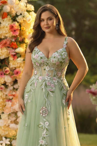 Plus Size Green Sequined Applique Corset A-Line Prom Dress with Slit