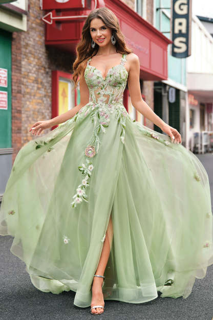 Leely Women Green Floral Tulle A-Line Prom Dress with Slit Sequined Sweep Train Formal Dress with Criss Cross Back