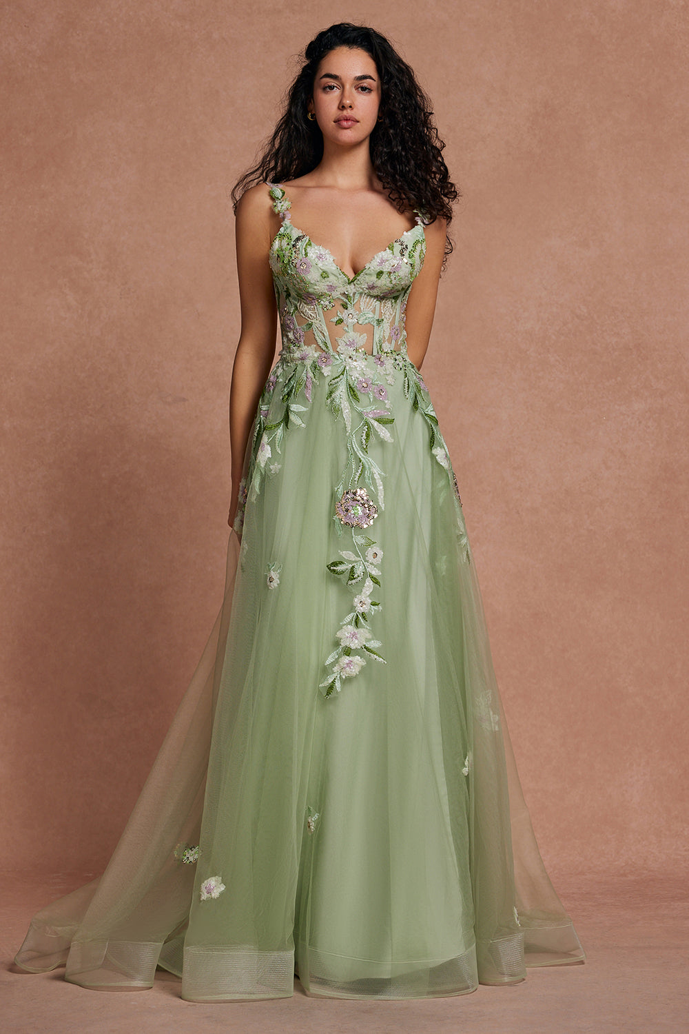 Leely Women Green Floral Tulle A-Line Prom Dress with Slit Sequined Sweep Train Formal Dress with Criss Cross Back